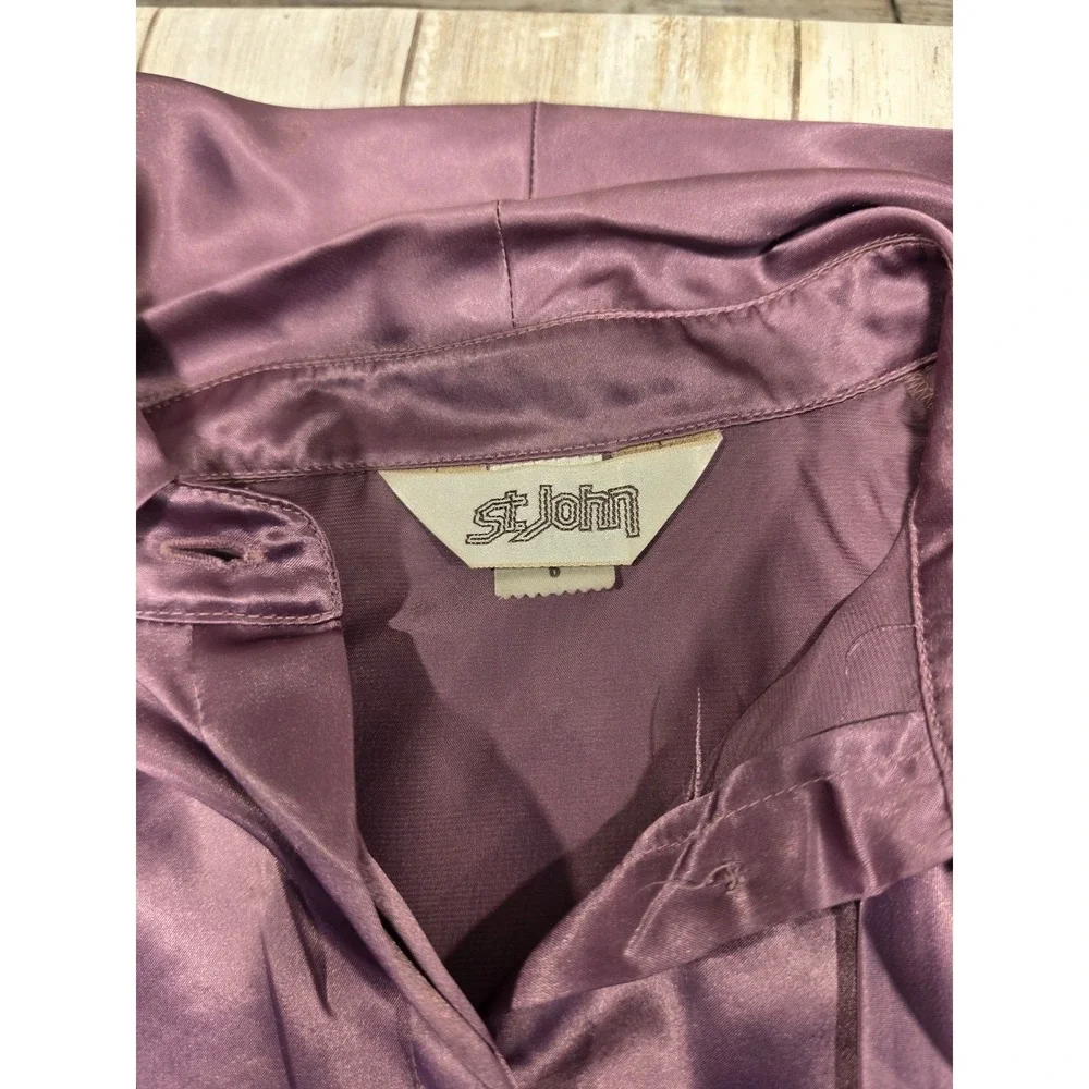 St John 3 Pc Skirt Suit Set Metallic Knit Cardigan Satin Bow Blouse Plum Mauve
